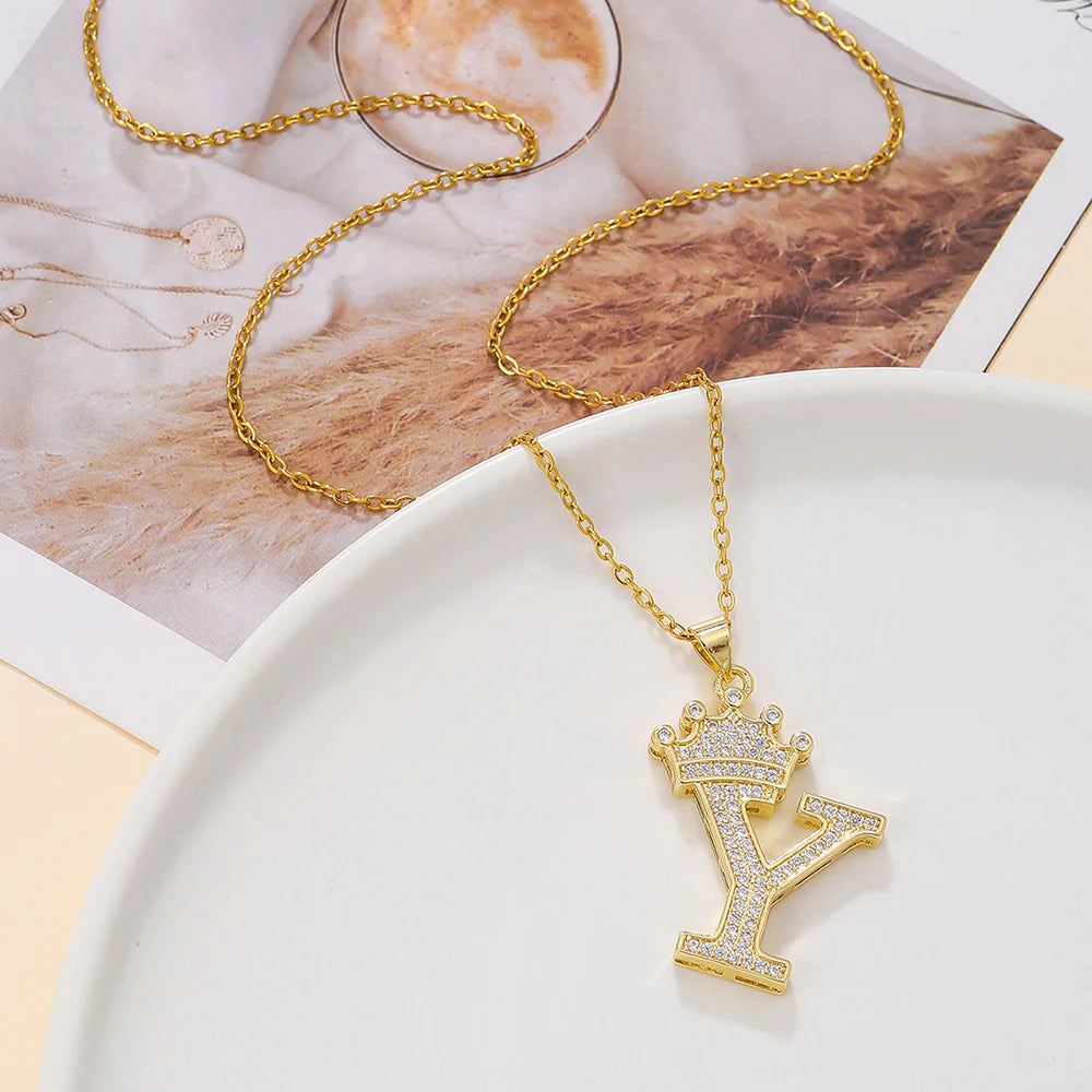 Fashionable Letter Diamond Crown Necklace